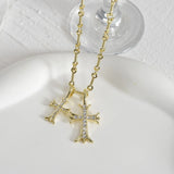 Sifisrri Zircon Double Cross Necklace Alloy Link Chain Choker Jewelry