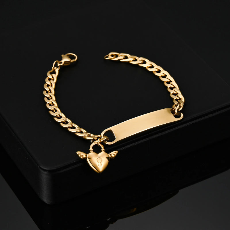 Heart Bracelet Personalized Name Date Custom Engraved Stainless Steel Chain
