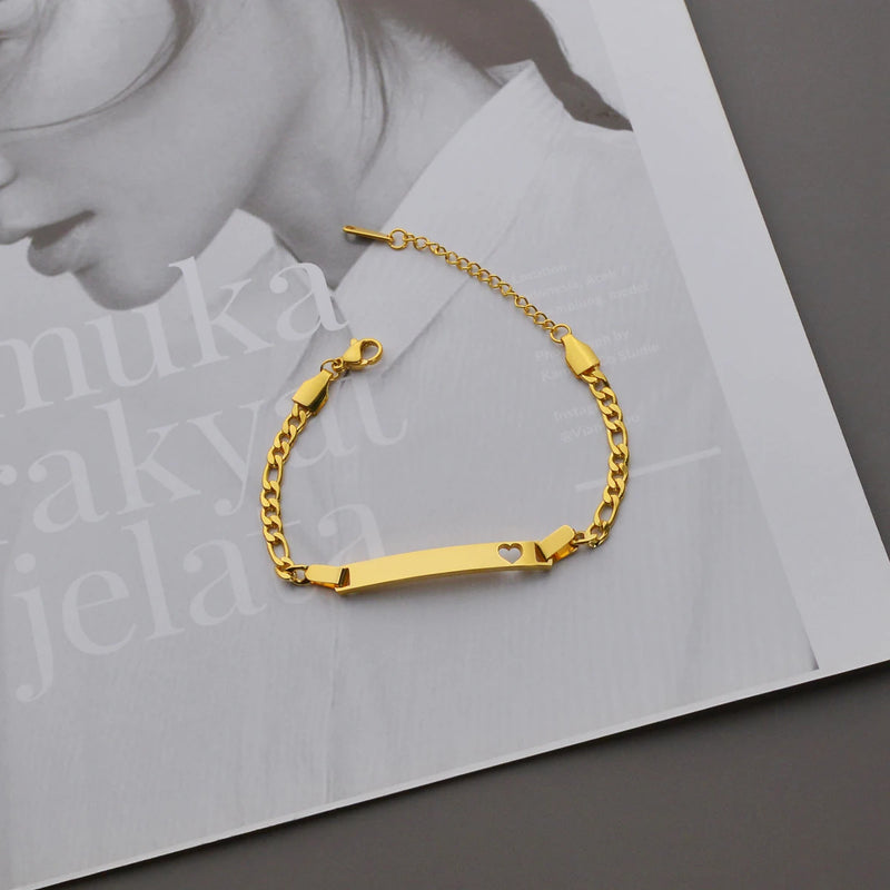 Personalized Engrave Name Date Bracelet Stainless Steel Heart Chain Jewelry