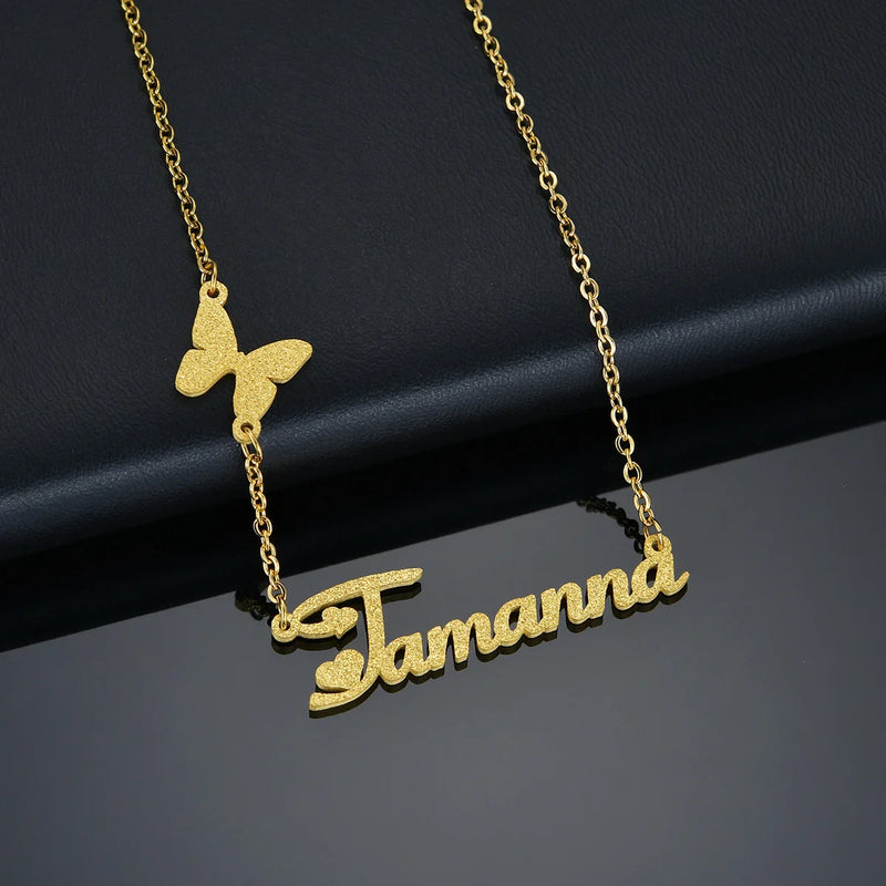 Sifisrri Personalized Frosted Name Necklace Stainless Steel Butterfly Choker Uni