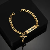 Personalized Engrave Name Date Bracelet Stainless Steel Cuban Chain Cross Heart