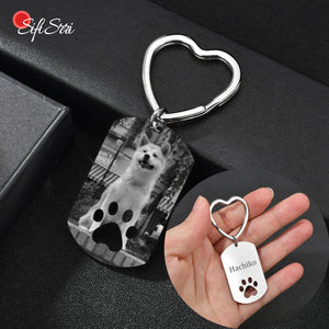 Engraved Pet Photo Name Date Paw Keychain Stainless Steel Key Ring