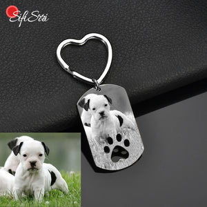 Engraved Pet Photo Name Date Dog Paw Keychain Stainless Steel Key Ring