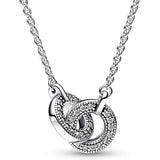 Sterling Silver Intertwined Hearts Circle Pave Moon Family Always Necklace