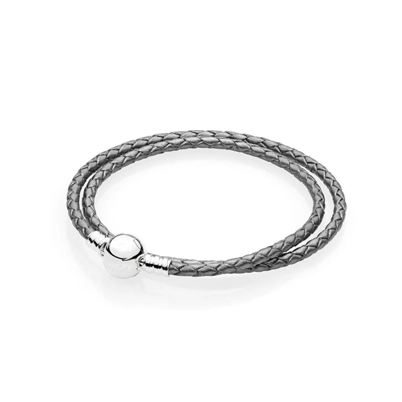 Grey Leather Bracelet with Round Clasp