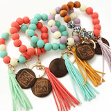 Wood Disc Bracelet Keychain Tassel Wristlet Gift for Her