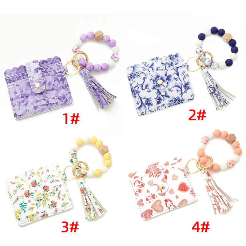 Silicone Tassel Keychain Bracelet Keyring for Women Beads Keychain PU Bag
