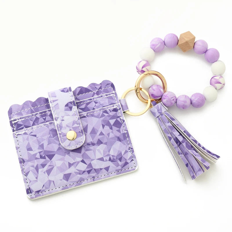 Silicone Tassel Keychain Bracelet Keyring for Women Beads Keychain PU Bag