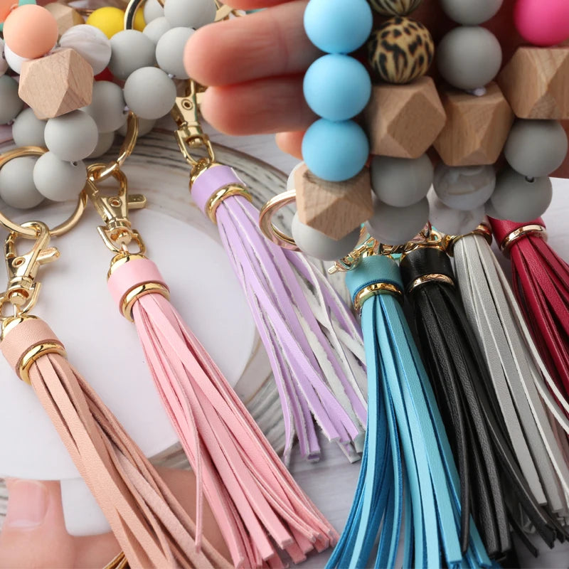 Multicolor Tassel Wood Beads Bracelet Keyring for Women