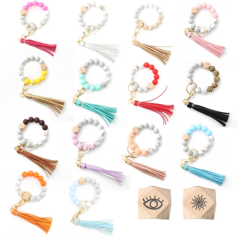 Multicolor Tassel Wood Beads Bracelet Keyring for Women