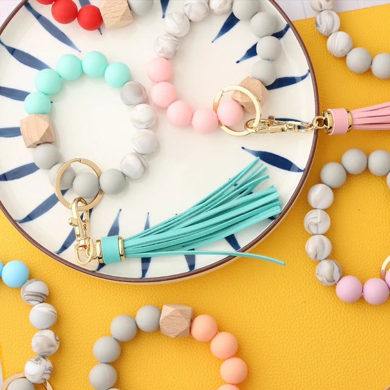 Multicolor Tassel Wood Beads Bracelet Keyring for Women