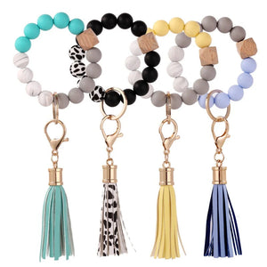 Silicone Tassel Wood Beads Keychain Bracelet Multicolor