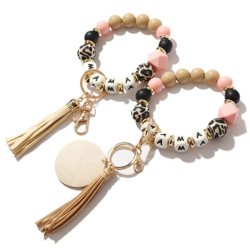 Silicone Tassel Wood Beads Keychain Bracelet Multicolor