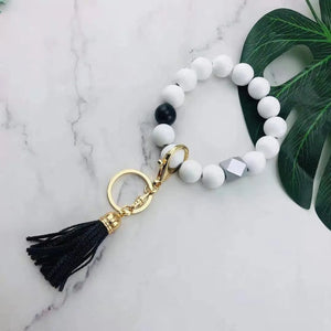 Multicolor Beads Wood Tassel Keychain Bracelet for Women