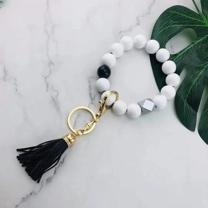 Multicolor Beads Wood Tassel Keychain Bracelet for Women
