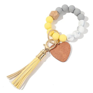 Silicone Tassel Keychain for Keys Wooden Beads Wrist Bracelet Keyring