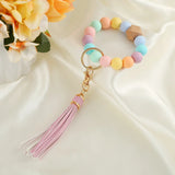 Silicone Tassel Keychain for Keys Wooden Beads Wrist Bracelet Keyring