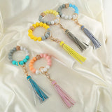 Silicone Tassel Keychain for Keys Wooden Beads Wrist Bracelet Keyring
