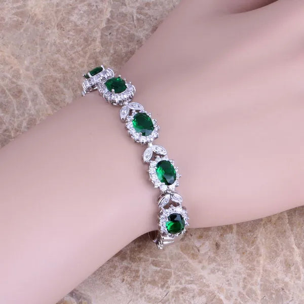 Green CZ Silver Plated Link Chain Bracelet 7 inch S0401