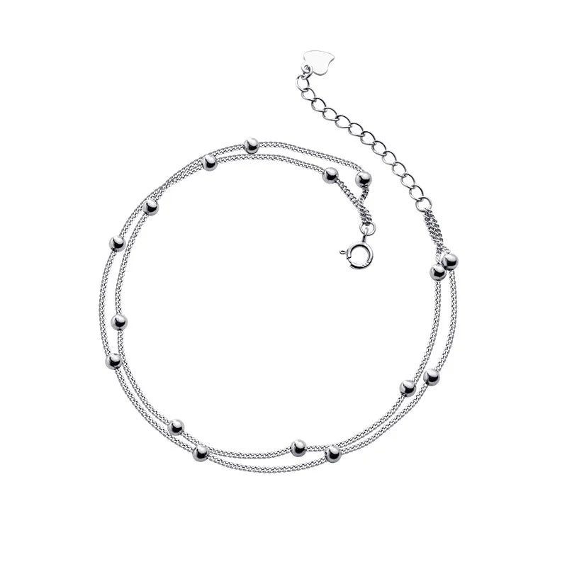 Silver Double Link Chain Anklets Beads Foot Jewelry 20.5CM Adjustable