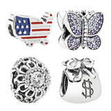 Silver 925 Beads Bracelets Women Charms Family Hearts Peaccock Bag Feather