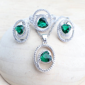Silver 925 Bridal Jewelry Set Green Zircon Wedding Earrings Rings Bracelet