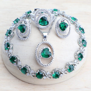 Silver 925 Bridal Jewelry Set Green Zircon Wedding Earrings Rings Bracelet