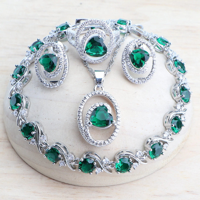 Silver 925 Bridal Jewelry Set Green Zircon Wedding Earrings Rings Bracelet