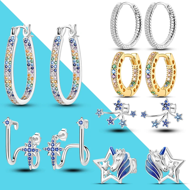 925 Silver Pave Zircon Hoop Earrings Star Unicorn