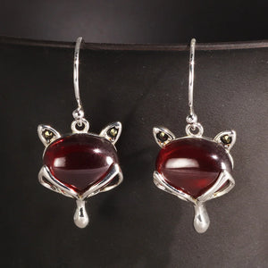 Fox Drop Earrings 925 Silver with Natural Garnet Stone Inlay
