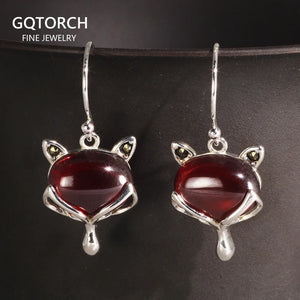 Fox Drop Earrings 925 Silver with Natural Garnet Stone Inlay