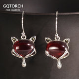Fox Drop Earrings 925 Silver with Natural Garnet Stone Inlay