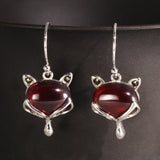 Fox Drop Earrings 925 Silver with Natural Garnet Stone Inlay