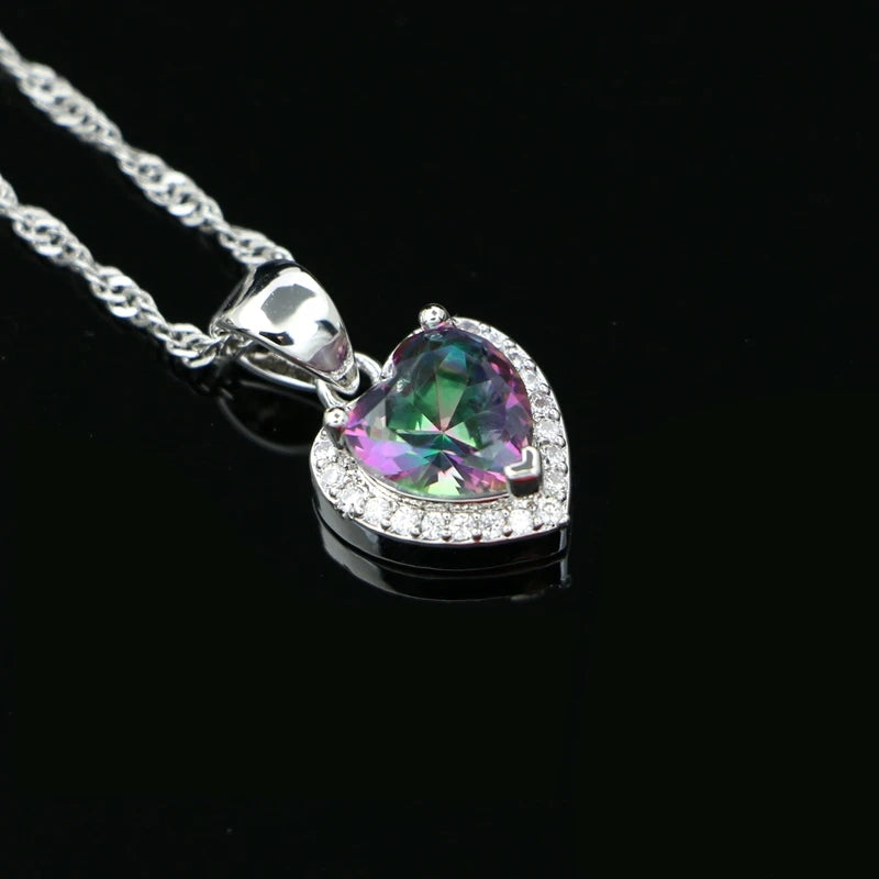 Silver 925 Heart Pendant Necklace Multicolor Crystal Wedding Accessory