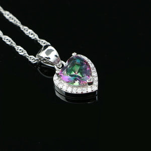 Silver 925 Heart Pendant Necklace Multicolor Crystal Wedding Accessory