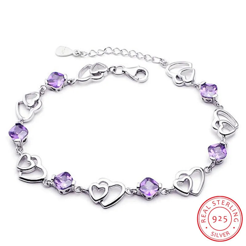 925 Silver Natural Amethyst Love Heart Women Bracelet
