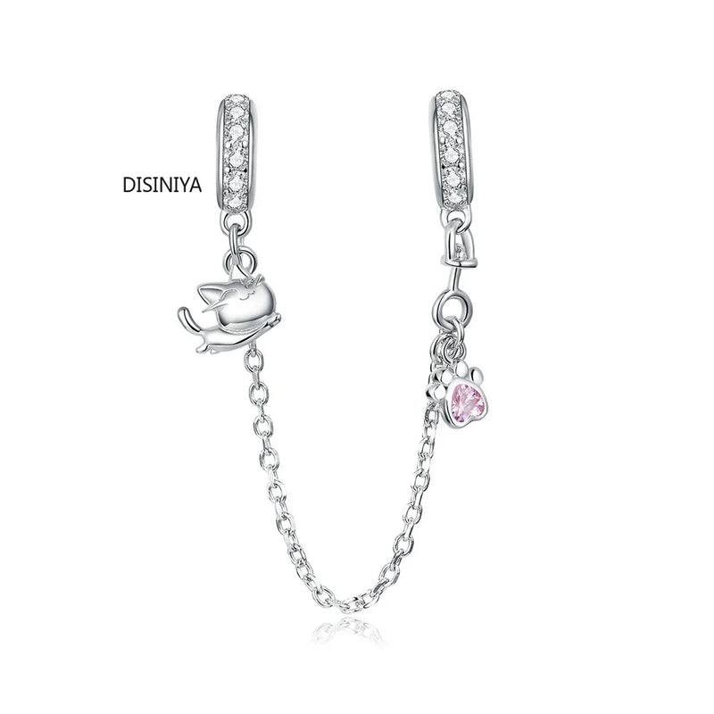 Silver 925 Kitty Cat Safety Chain Charm for 3mm Bracelet & Bangle