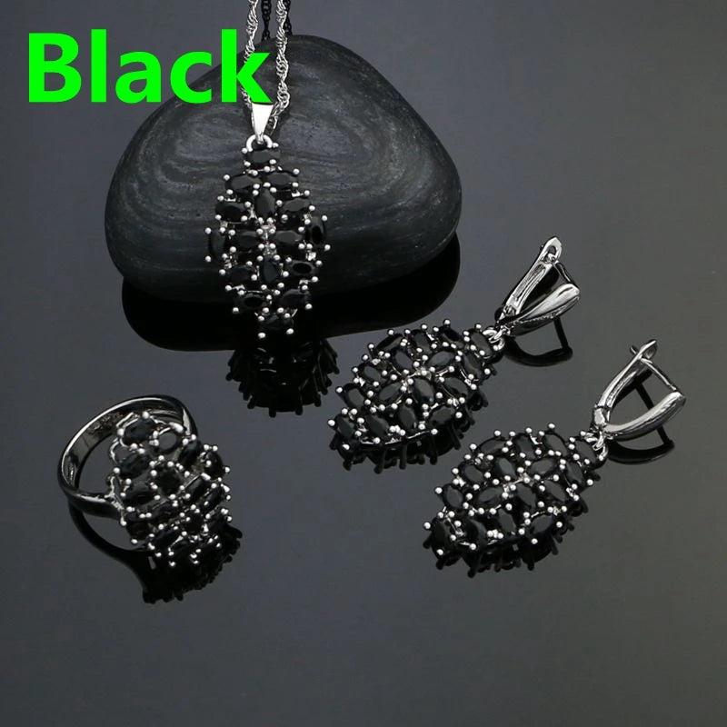 Silver 925 Jewelry Set for Women with CZ Earrings Ring Necklace Pendant