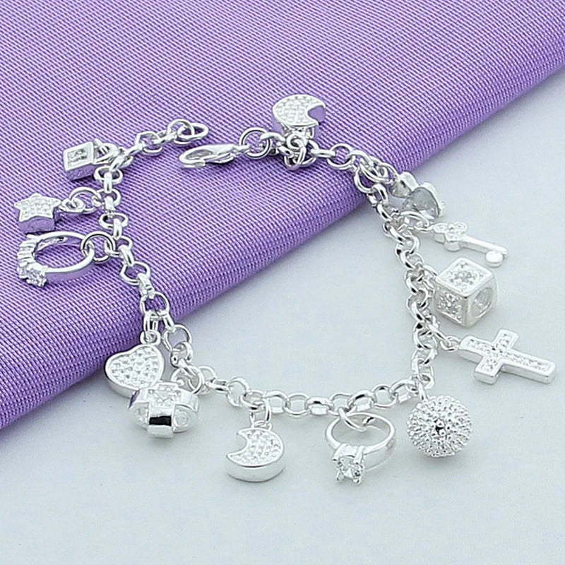 925 Silver Star Moon CZ Charm Bracelet Cross Chain Women Gift