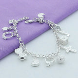 925 Silver Star Moon CZ Charm Bracelet Cross Chain Women Gift