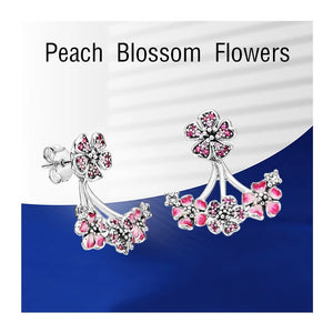 Silver 925 Ear Piercing Stud Earrings Peach Blossom Flowers Jacket Crystals