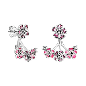 Silver 925 Ear Piercing Stud Earrings Peach Blossom Flowers Jacket Crystals