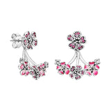 Silver 925 Ear Piercing Stud Earrings Peach Blossom Flowers Jacket Crystals