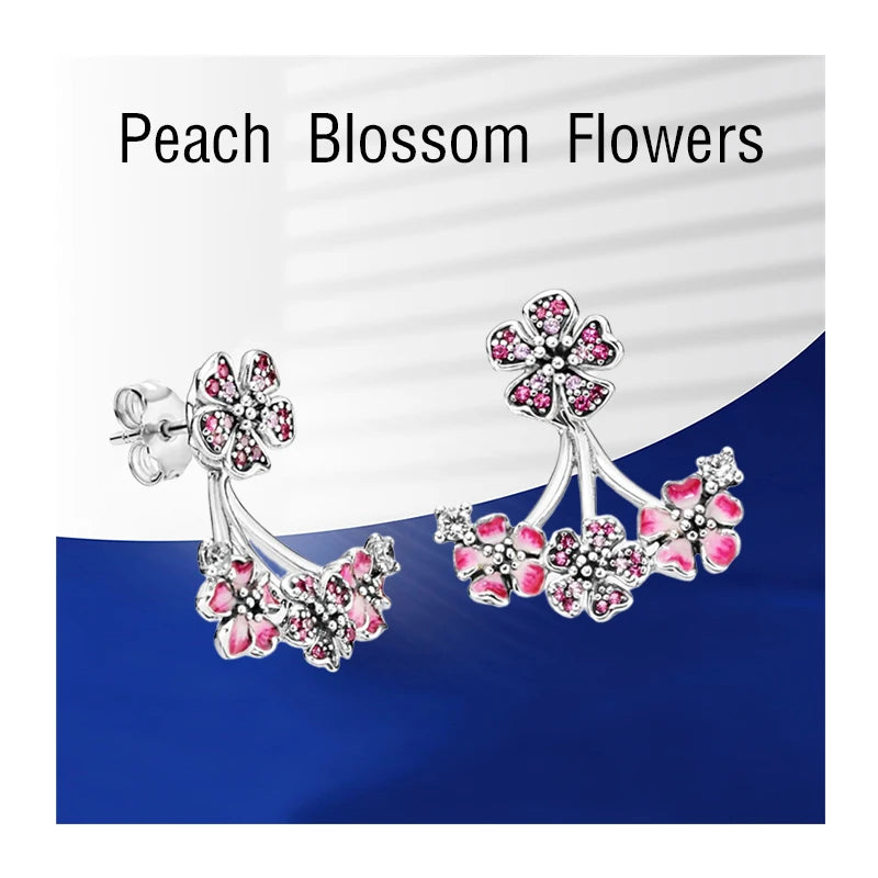 Silver 925 Ear Piercing Stud Earrings Peach Blossom Flowers Jacket Crystals