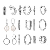 Sterling Silver Hoop Earrings with Zircon Stones and Pearl Baroque Chain Pattern