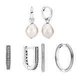 Sterling Silver Hoop Earrings with Zircon Stones and Pearl Baroque Chain Pattern