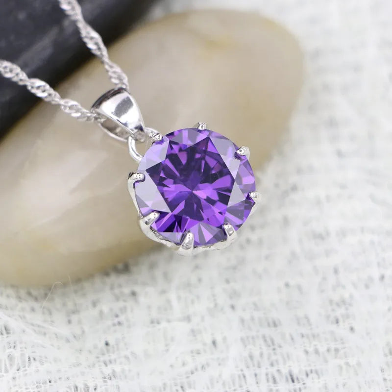 925 Silver Purple CZ Pendant Necklace Classic Wedding Jewelry