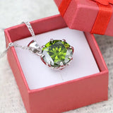 925 Silver Round Pendant Necklace Olive Green CZ Crystal Wedding