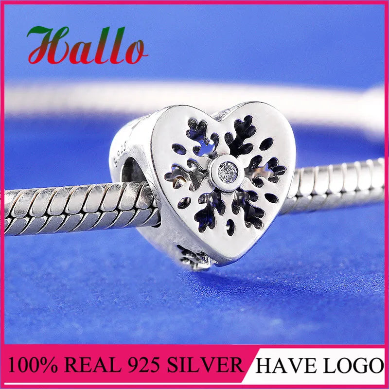Silver 925 Snowflake Heart Charm, Clear Nature Stone Bead