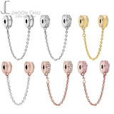 Silver 925 Clear Sparkle Flower Safety Chain Charm Bead for Pan Bracelet DIY